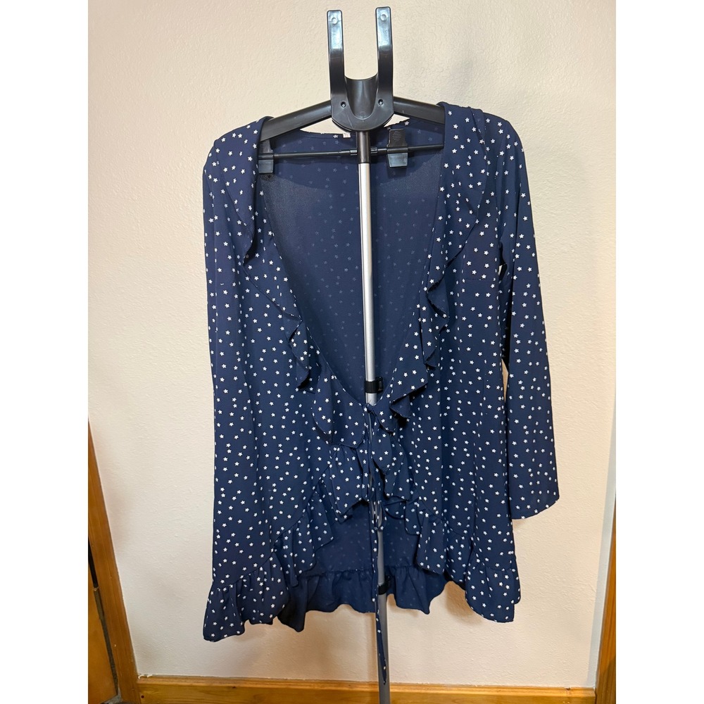 CoCo Fashion Navy Blue Star Print Ruffle Wrap Top Long Sleeve Blouse XL NWT